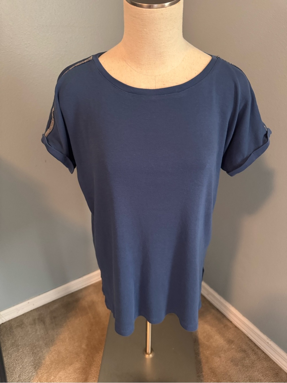Chico's Slate Blue Studded Shoulder Short Sleeve Knit Top